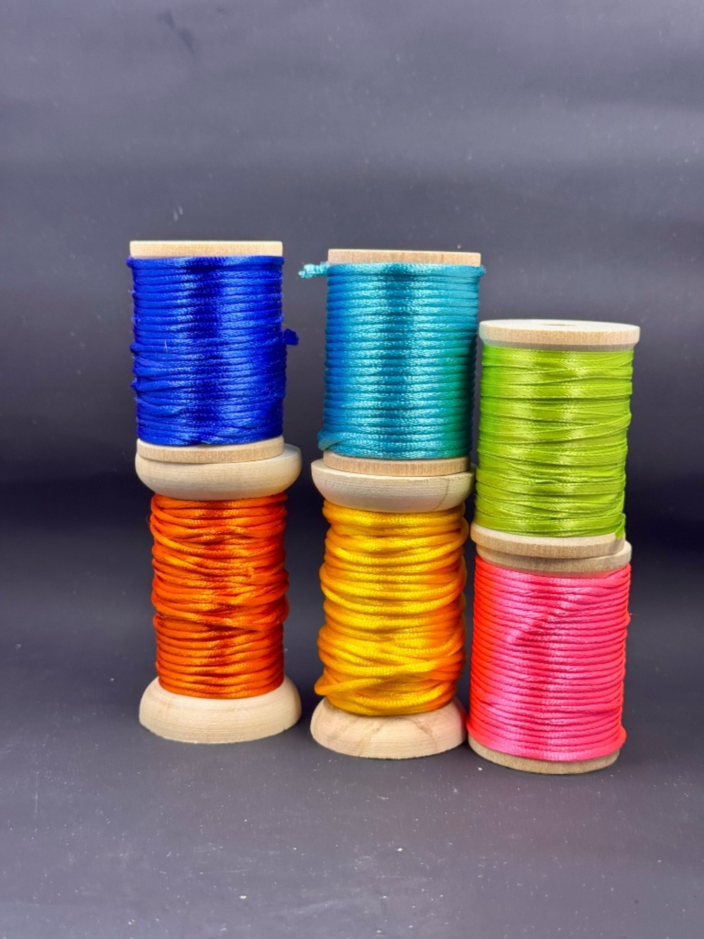 Six Wood Spools of Vibrant Satin Rattail Cording Spools for Crafts